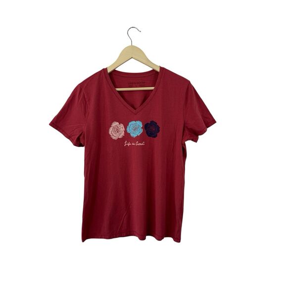 Life Is Good Large Tee Shirt Top Red Roses Short Sleeve V-Neck Cotton Womens - Picture 1 of 7
